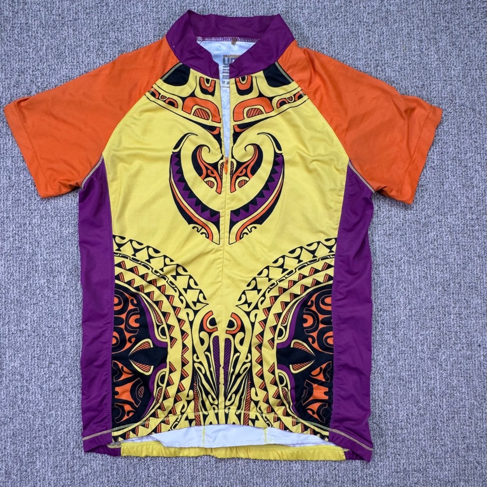 YMX Yellowman Cycling Jersey Mens Medium Maori Tribal Tattoo Print‎ 1/4 Zip